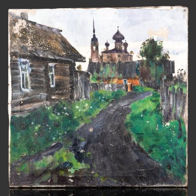 Картина "К вечеру" с изображением деревни и церкви, художник Г.В. Герасимов