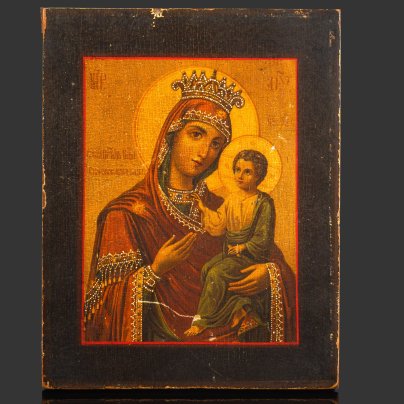 Икона Божией Матери "Скоропослушница" с печатью Свято-Троицкого Серафимо-Дивеевского женского монастыря, дерево, печать, Россия, 1890-1910 гг.