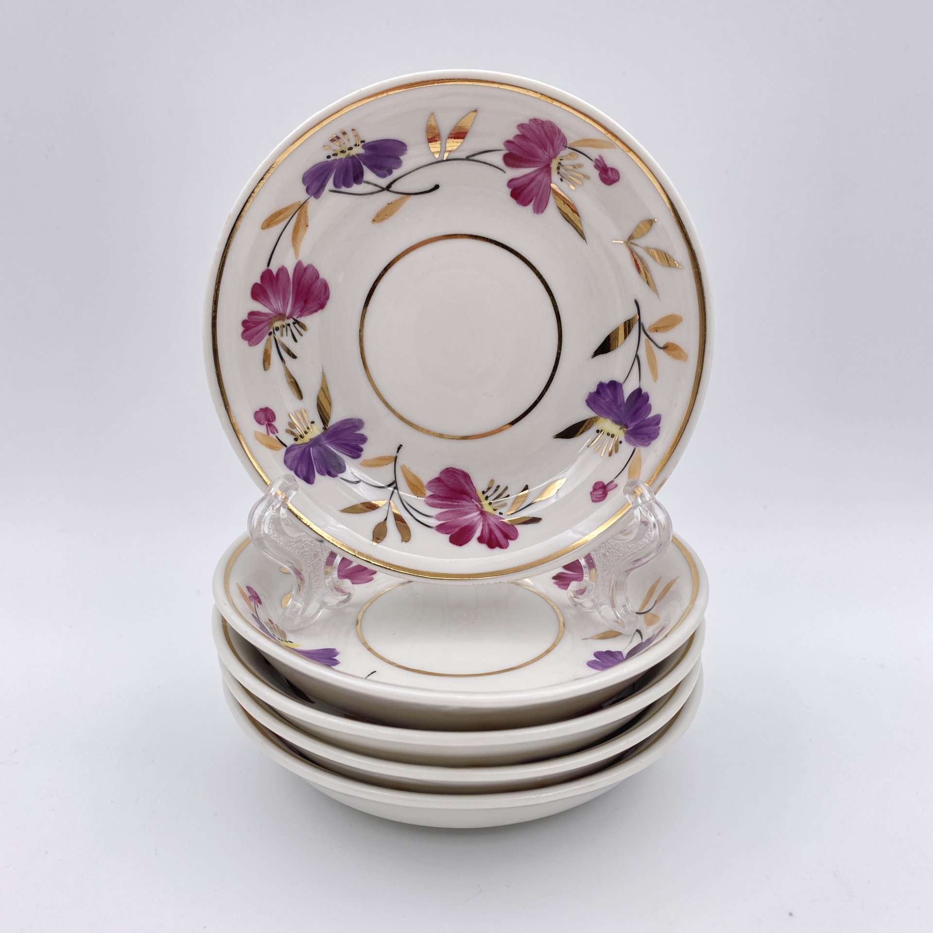 Набор из 5-ти розеток, украшенных цветочным декором, фарфор, роспись, золочение, Дмитровский фарфоровый завод (ДФЗ Вербилки), Дмитровский фарфоровый завод (ДФЗ Вербилки)