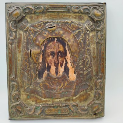 Икона "Спас Нерукотворный" в окладе, дерево, темпера, латунь, Российская империя, 1890-1915 гг.