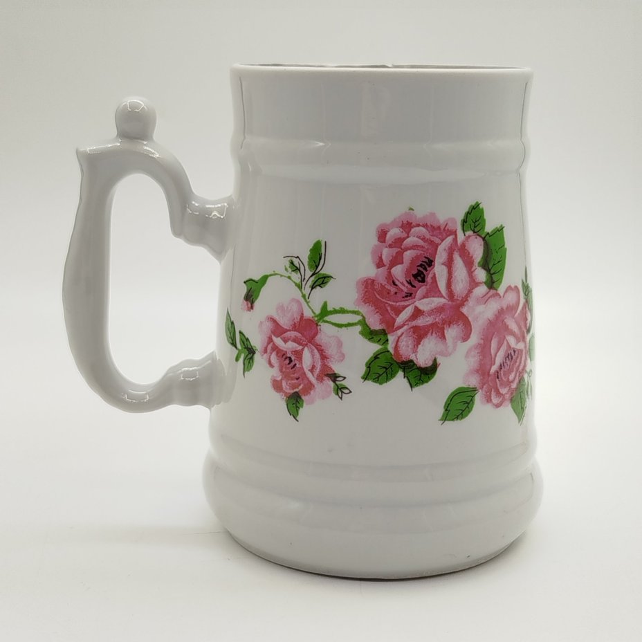Кружка пивная с цветочным декором, фарфор, деколь, Дмитровский фарфоровый завод (ДФЗ Вербилки), СССР, 1965-1991 гг.