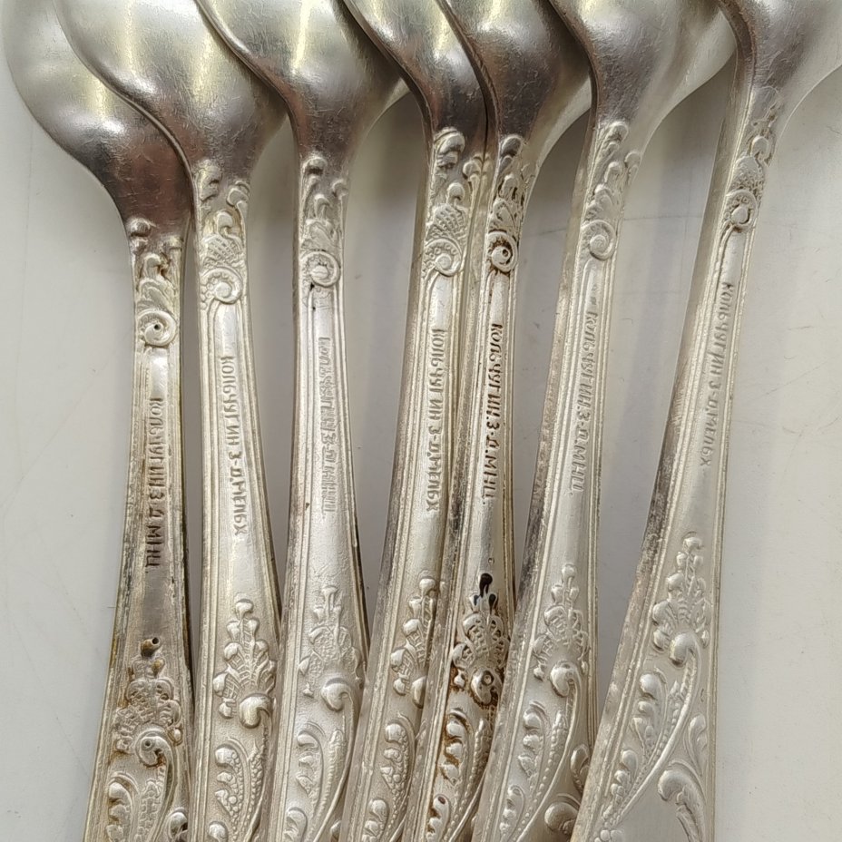 Набор из 7-ми чайных ложек "Пламя", мельхиор (медь-никель), Кольчугинский завод цветных металлов, СССР, 1950-1960 гг.