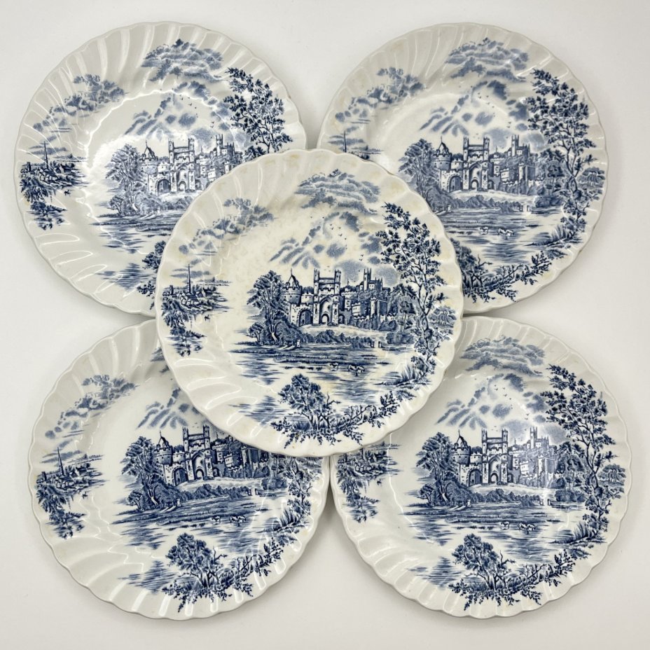 Набор из 5-ти десертных тарелок с изображением замков, серия "Ancient towers", фаянс, деколь, Johnson Brothers, Великобритания, 1980-1990 гг.