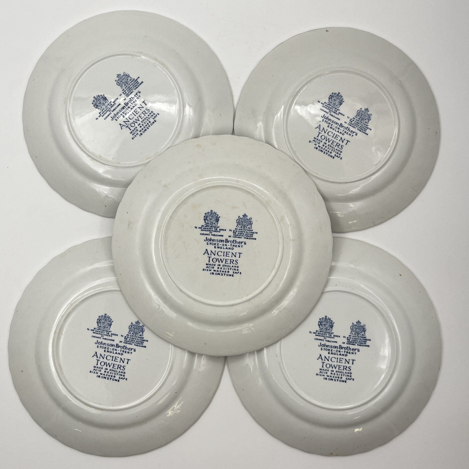 Набор из 5-ти десертных тарелок с изображением замков, серия "Ancient towers", фаянс, деколь, Johnson Brothers, Великобритания, 1980-1990 гг.