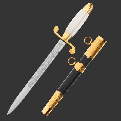 Кортик офицерский "ВВС", сталь, латунь, дерево, черная кожа, неолейкорит, золочение; в деревянном подарочном коробе с бархатным ложементом, Российская Федерация, 2024 г.