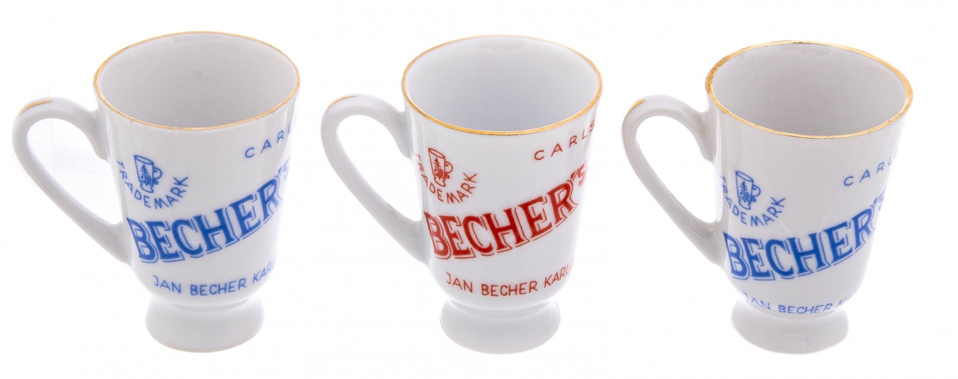Набор из 3 ликерных рюмок с ручками "Becher's Liqueur", фарфор, деколь, золочение, Карловы Вары, Чехословакия, 1970-1990 гг. — фото 2