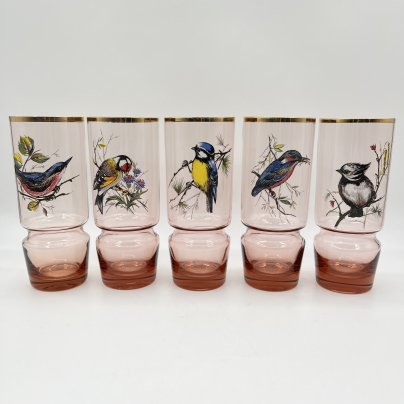 Набор из 5-ти стаканов "Птицы" розового оттенка