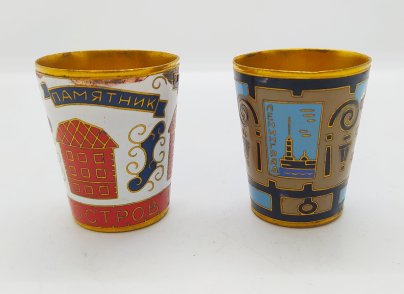 Пара стопок "Ленинград", мельхиор (медь-никель), золочение, эмали, Ленинградская ювелирная фабрика