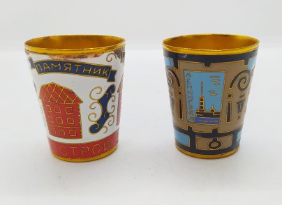 Пара стопок "Ленинград", мельхиор (медь-никель), золочение, эмали, Ленинградская ювелирная фабрика, СССР, 1969 г., Ленинградская ювелирная фабрика