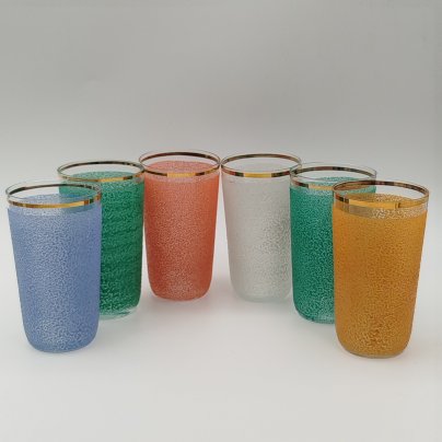 Набор из шести разноцветных стаканчиков в оригинальной коробке, стекло, картон, СССР, 1970-1990 гг.