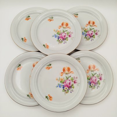 Набор из шести десертных тарелок с цветочным декором (в коробке), фарфор, деколь, золочение, Kahla, ГДР, 1960-1990 гг.