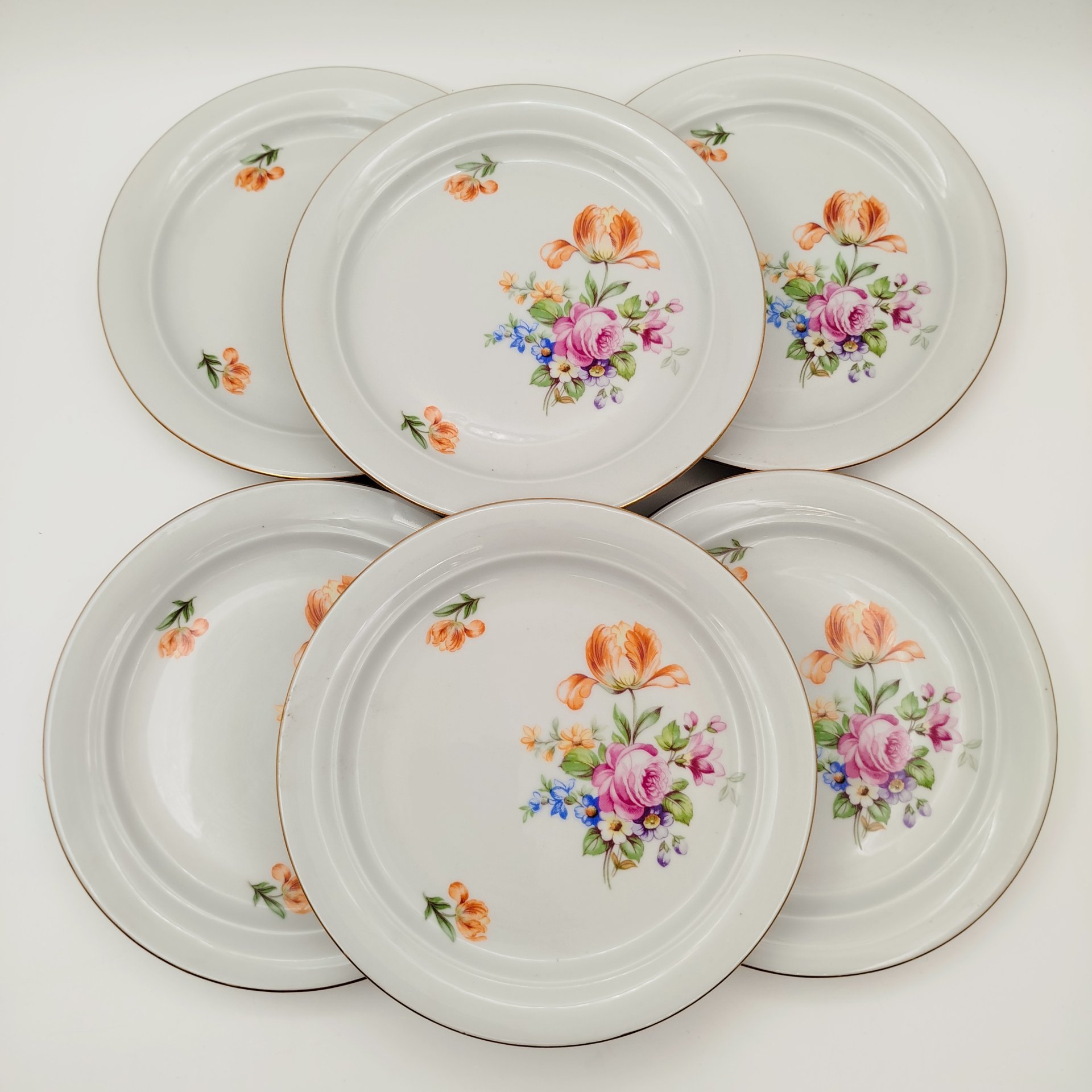 Набор из шести десертных тарелок с цветочным декором (в коробке), фарфор, деколь, золочение, Kahla, ГДР, 1960-1990 гг.