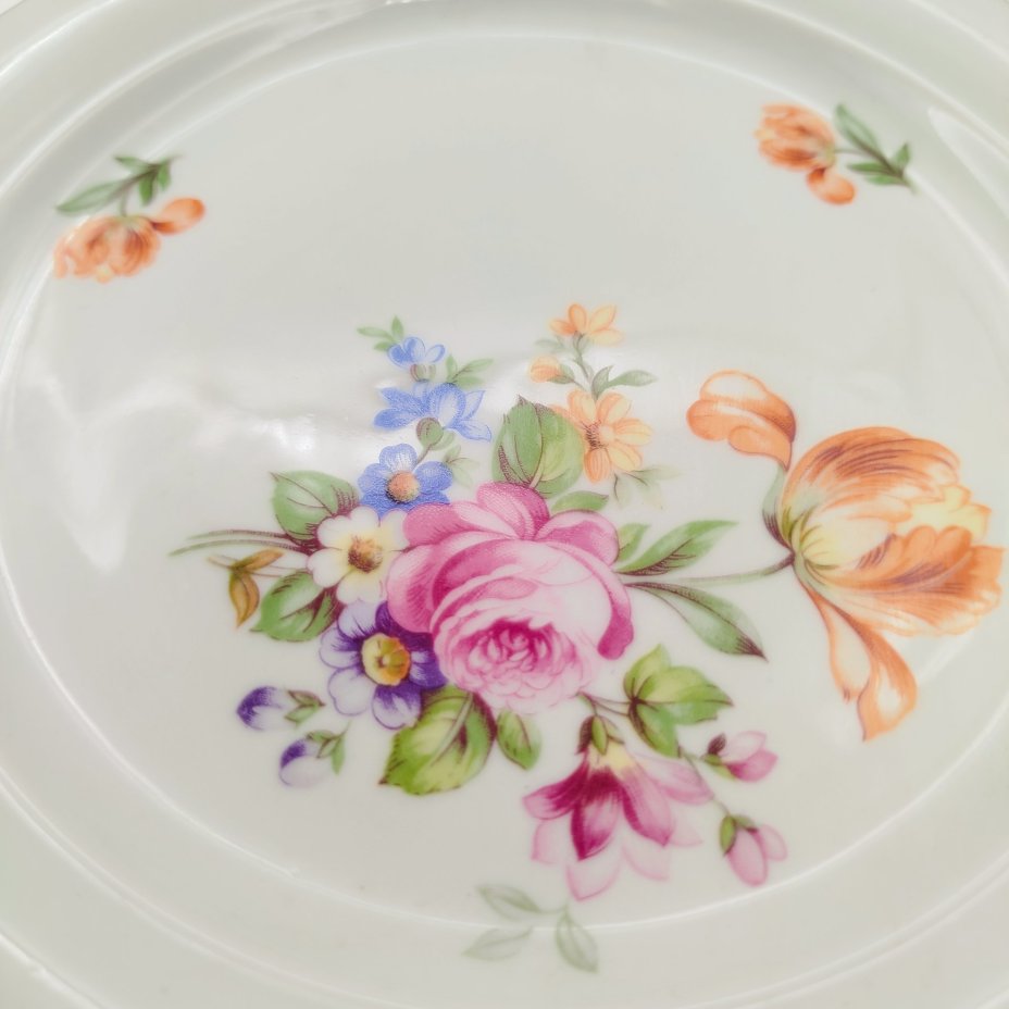 Набор из шести десертных тарелок с цветочным декором (в коробке), фарфор, деколь, золочение, Kahla, ГДР, 1960-1990 гг.