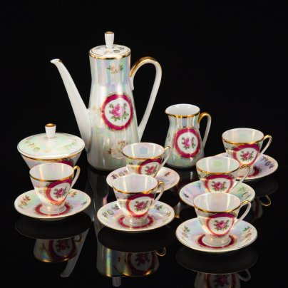 Сервиз кофейный  "Мадонна" на 5 персон (15 предметов), фарфор, люстр, деколь, золочение, Kahla, ГДР, 1967-1987 гг.