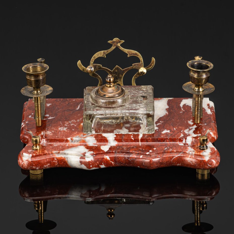 Прибор письменный настольный (2 подсвечника, чернильница и подставка), мрамор, латунь, стекло, СССР, 1970-1990 гг.