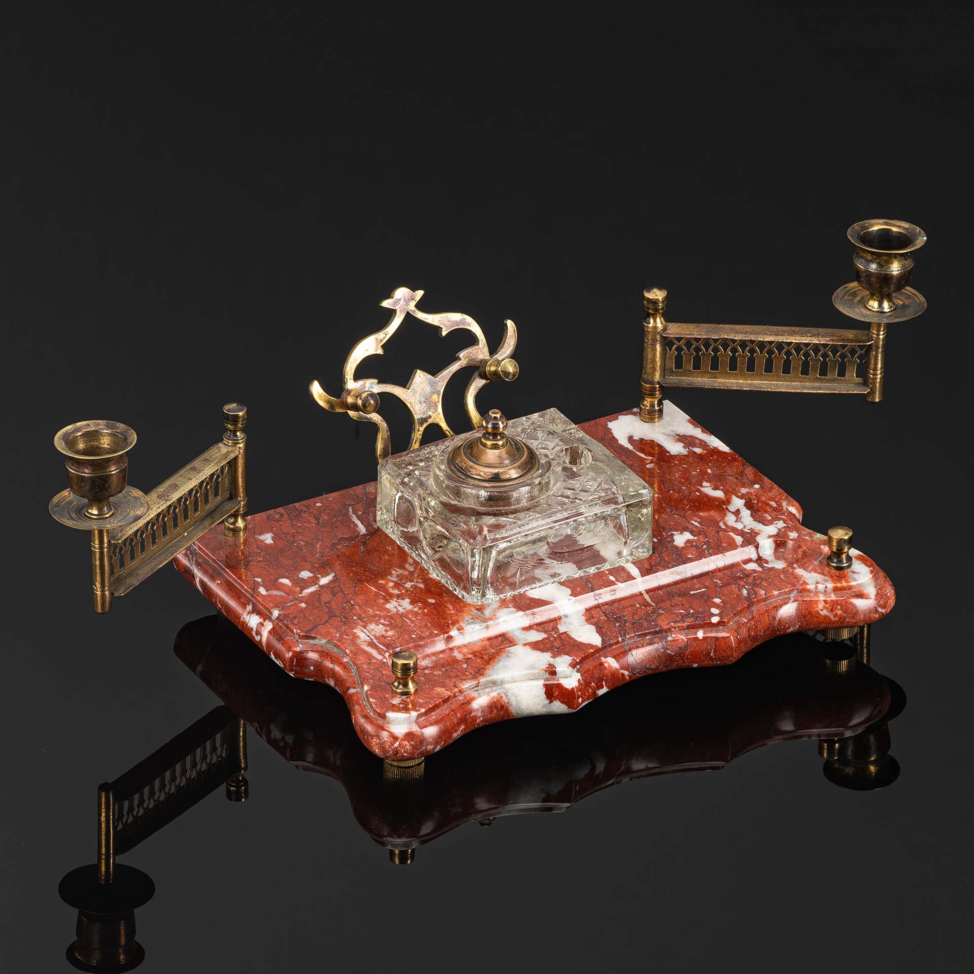 Прибор письменный настольный (2 подсвечника, чернильница и подставка), мрамор, латунь, стекло, СССР, 1970-1990 гг.