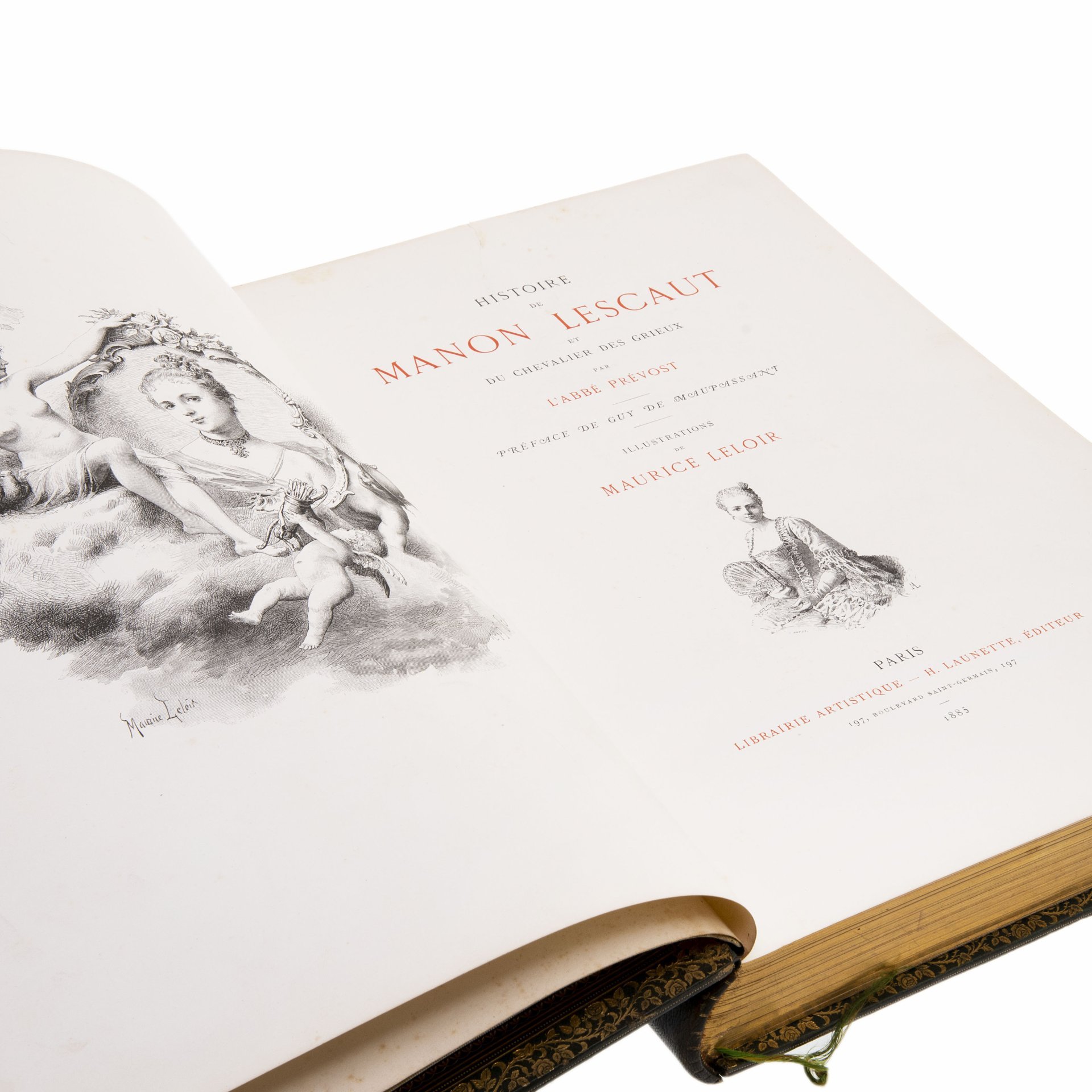 Книга "L`abbe Prevost “Histoire de Manon Lescaut et du chevalier des Grieuх" на французском языке (Антуан Франсуа Прево "История Манон Леско и кавалера де Грие"), бумага, печать, офорт, золочение, кожа, тиснение, обрез с золочением, Libraire Artistique - H. Launette, Editeur, Франция, 1885 г., Издательство «Librairie Artistique H. Launette»