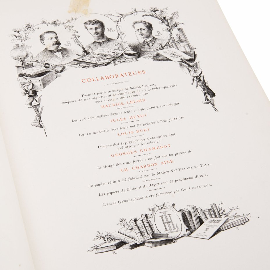 Книга "L`abbe Prevost “Histoire de Manon Lescaut et du chevalier des Grieuх" на французском языке (Антуан Франсуа Прево "История Манон Леско и кавалера де Грие"), бумага, печать, офорт, золочение, кожа, тиснение, обрез с золочением, Libraire Artistique - H. Launette, Editeur, Франция, 1885 г., Издательство «Librairie Artistique H. Launette»