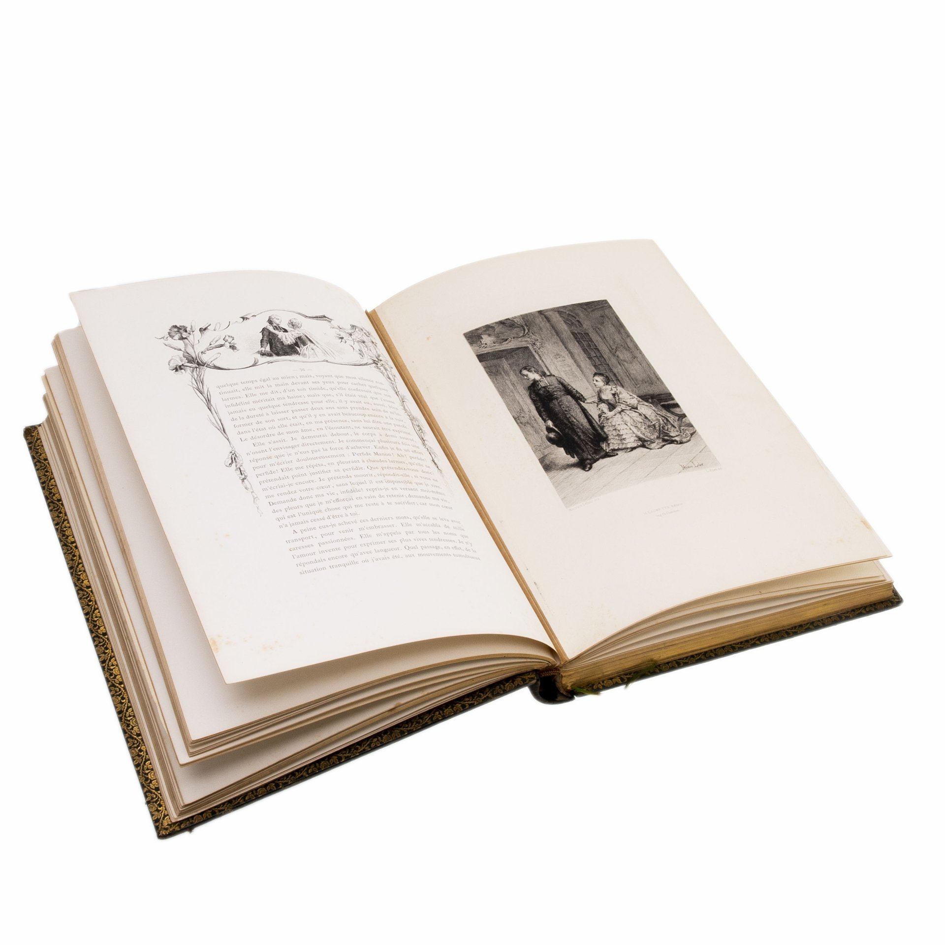 Книга "L`abbe Prevost “Histoire de Manon Lescaut et du chevalier des Grieuх" на французском языке (Антуан Франсуа Прево "История Манон Леско и кавалера де Грие"), бумага, печать, офорт, золочение, кожа, тиснение, обрез с золочением, Libraire Artistique - H. Launette, Editeur, Франция, 1885 г., Издательство «Librairie Artistique H. Launette»