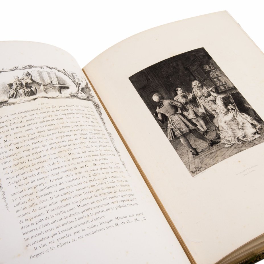 Книга "L`abbe Prevost “Histoire de Manon Lescaut et du chevalier des Grieuх" на французском языке (Антуан Франсуа Прево "История Манон Леско и кавалера де Грие"), бумага, печать, офорт, золочение, кожа, тиснение, обрез с золочением, Libraire Artistique - H. Launette, Editeur, Франция, 1885 г., Издательство «Librairie Artistique H. Launette»