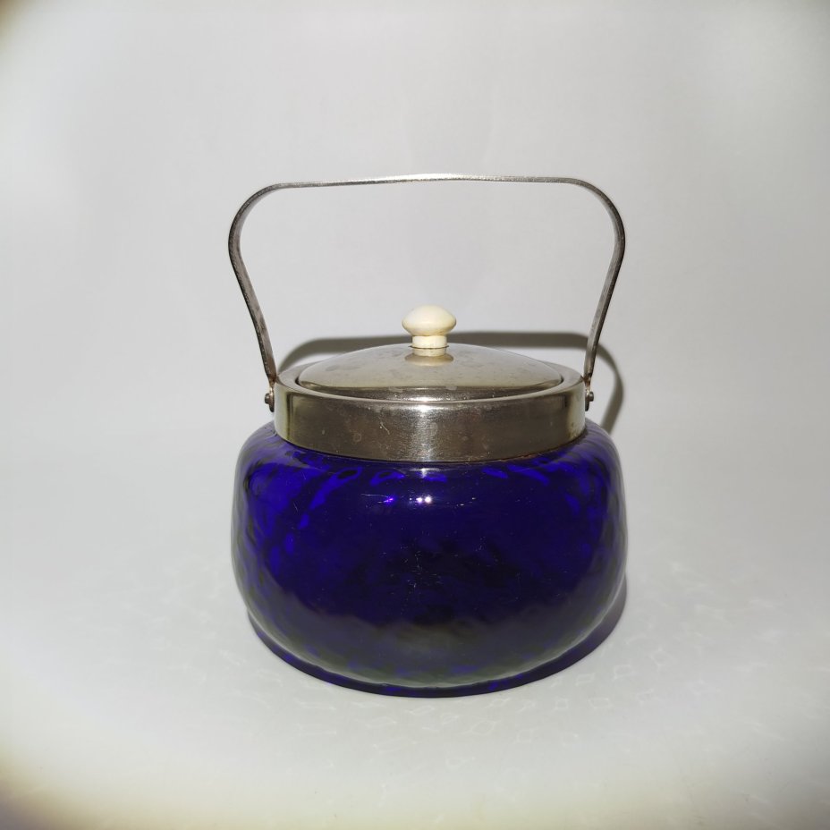 Сахарница синего цвета с крышкой и ручкой, стекло, металл, СССР, 1960-1980 гг.
