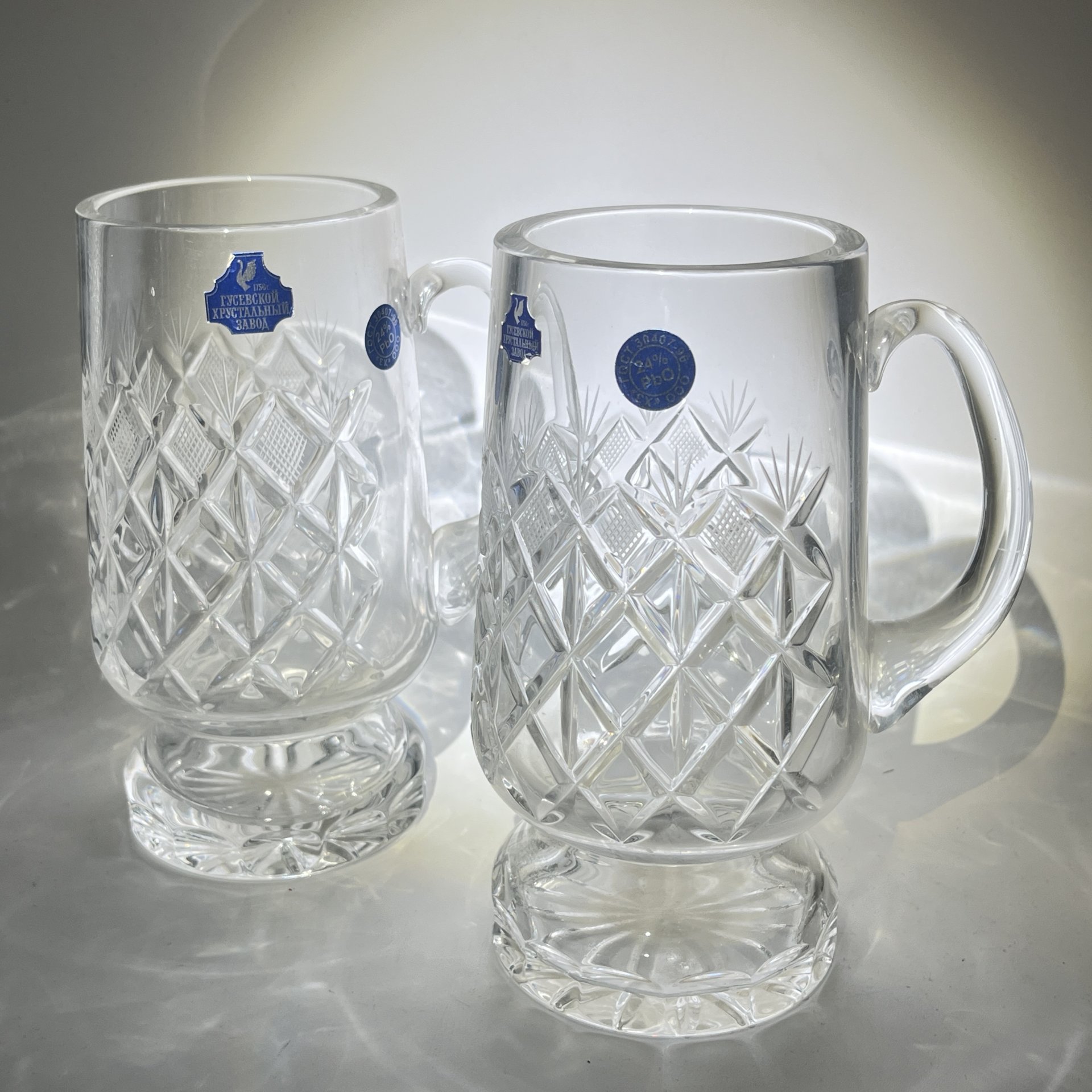 Набор из 2 пивных кружек с геометрическим декором, хрусталь, пресс, алмазная грань, Гусевской хрустальный завод (Гусь-Хрустальный), СССР, 2000-2020 гг.