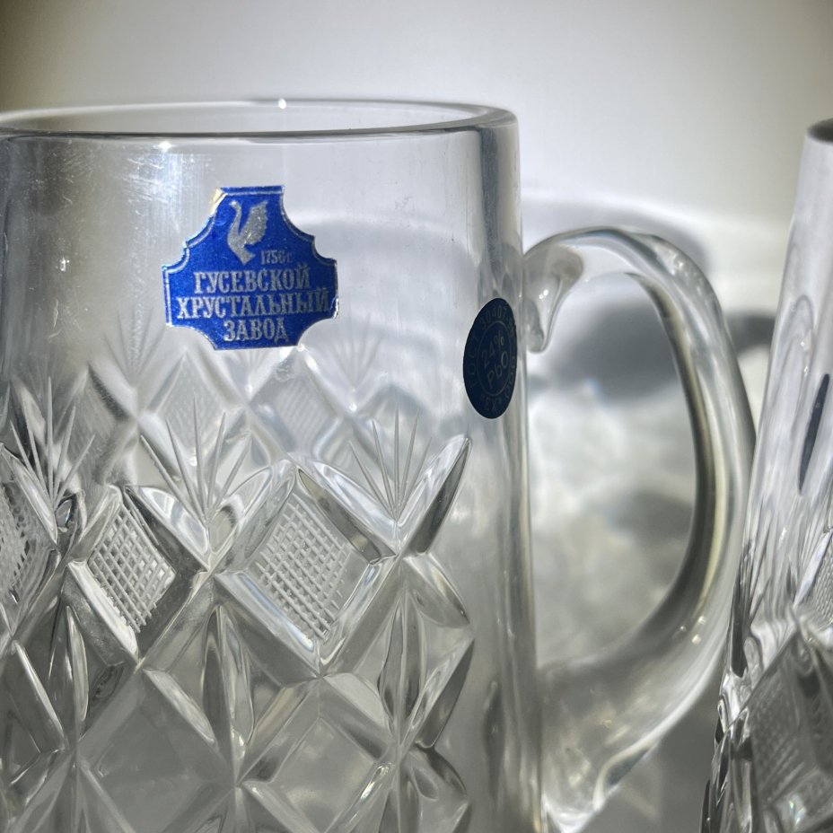 Набор из 2 пивных кружек с геометрическим декором, хрусталь, пресс, алмазная грань, Гусевской хрустальный завод (Гусь-Хрустальный), СССР, 2000-2020 гг.