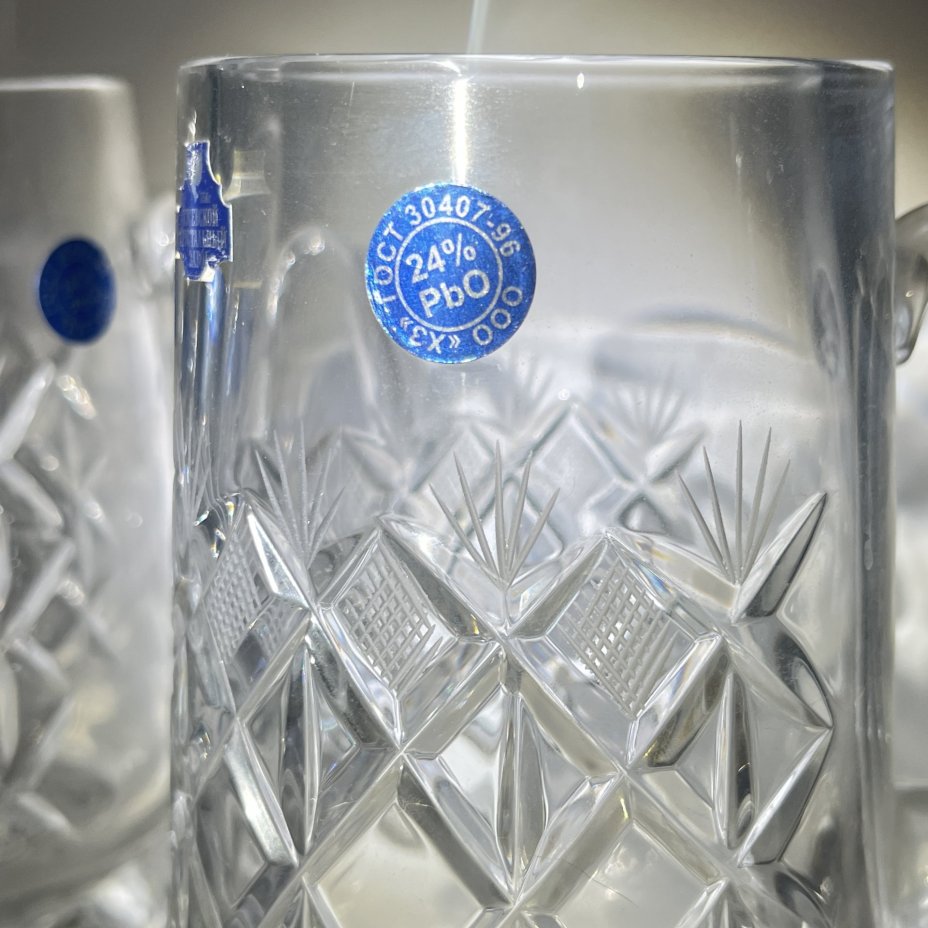 Набор из 2 пивных кружек с геометрическим декором, хрусталь, пресс, алмазная грань, Гусевской хрустальный завод (Гусь-Хрустальный), СССР, 2000-2020 гг.