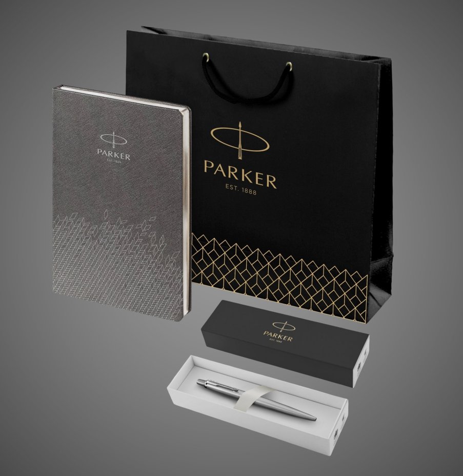 Подарочный набор: Шариковая ручка Parker Jotter Essential, St. Steel СT и Ежедневник недатированный, серый, Металлы: нержавеющая сталь