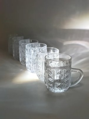 Набор кружек с рельефным декором на 6 персон, стекло, пресс, Дятьковский хрустальный завод, СССР, 1970-1990 гг.