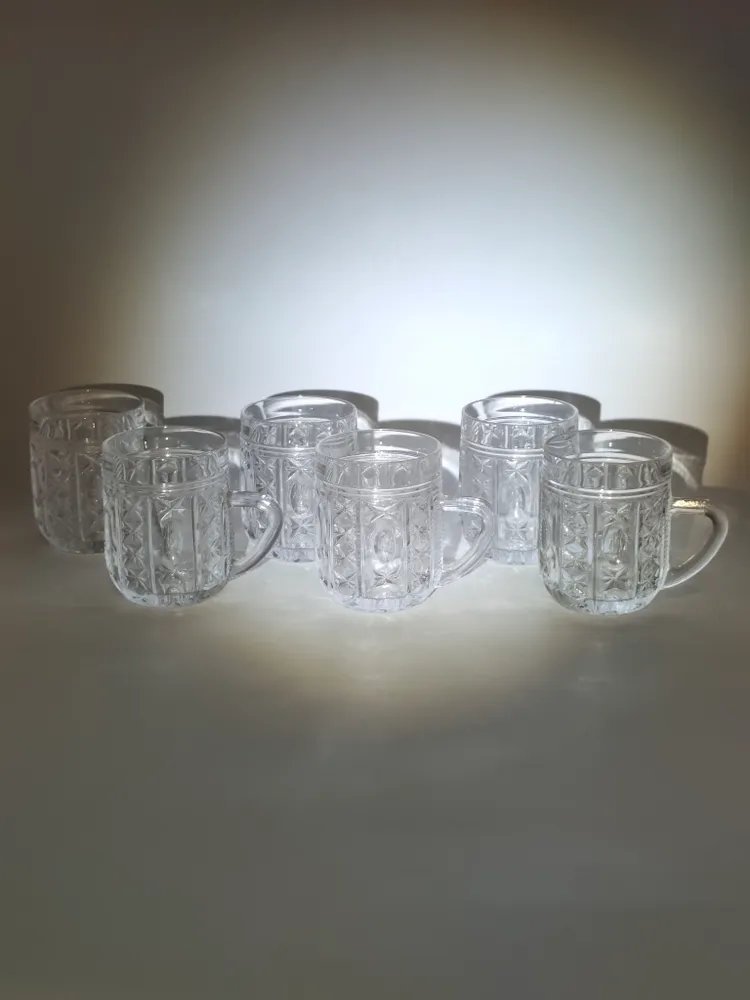 Набор кружек с рельефным декором на 6 персон, стекло, пресс, Дятьковский хрустальный завод, СССР, 1970-1990 гг.