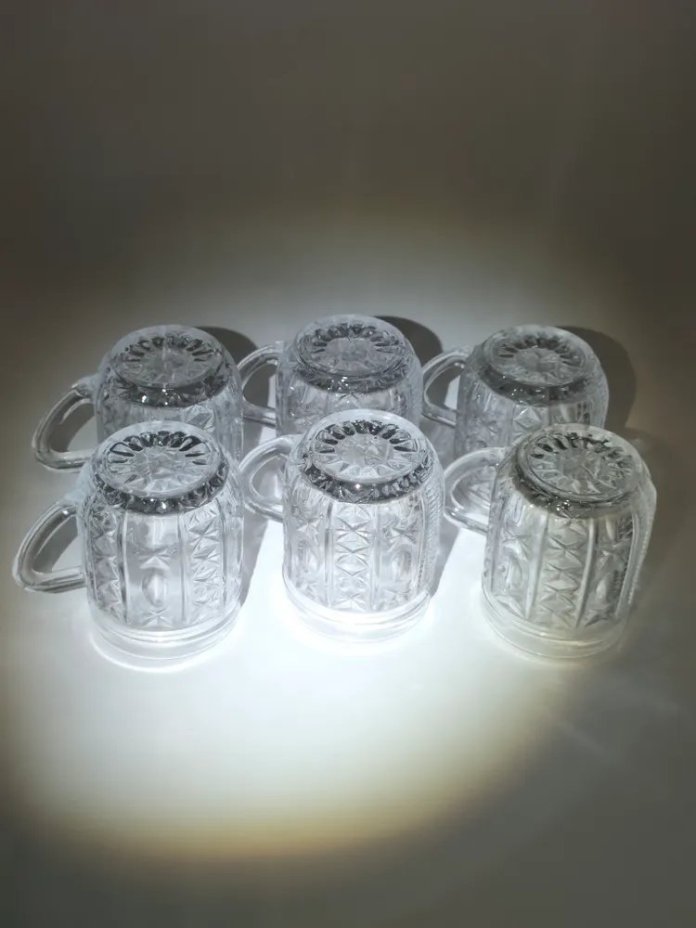 Набор кружек с рельефным декором на 6 персон, стекло, пресс, Дятьковский хрустальный завод, СССР, 1970-1990 гг.