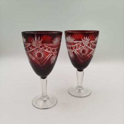 Пара фужеров рубинового цвета, хрусталь, алмазная грань, СССР, 1970-1990 гг.