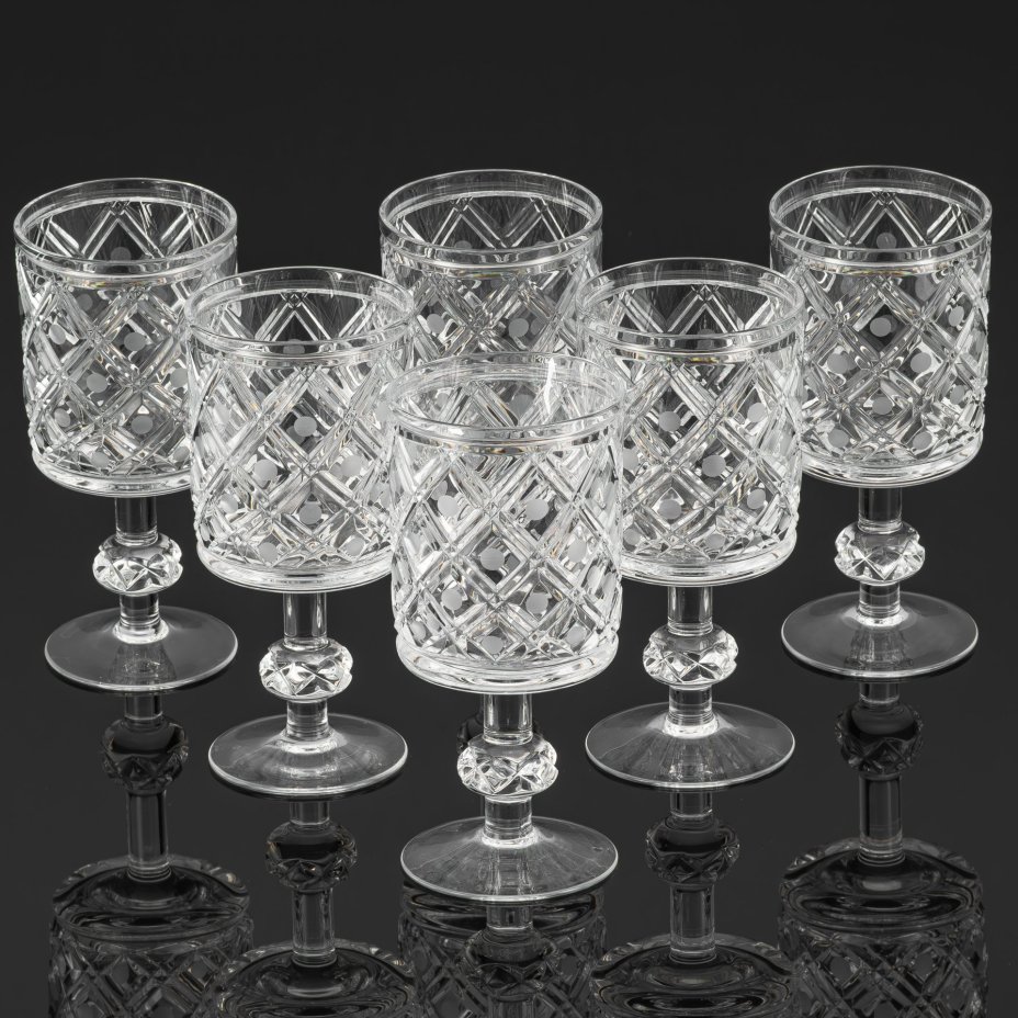 Набор из шести бокалов (фужеров) из сервиза "Новогодний", автор Л.О. Юрген, хрусталь, алмазная грань, Ленинградский завод художественного стекла (ЛЗХС), СССР, 1970-1990 гг.