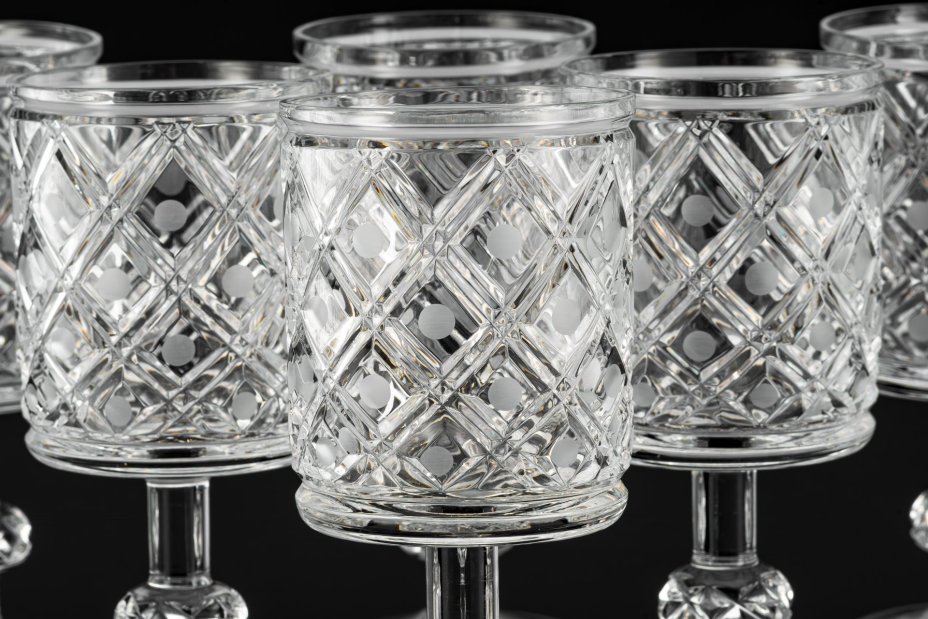 Набор из шести бокалов (фужеров) из сервиза "Новогодний", автор Л.О. Юрген, хрусталь, алмазная грань, Ленинградский завод художественного стекла (ЛЗХС), СССР, 1970-1990 гг.