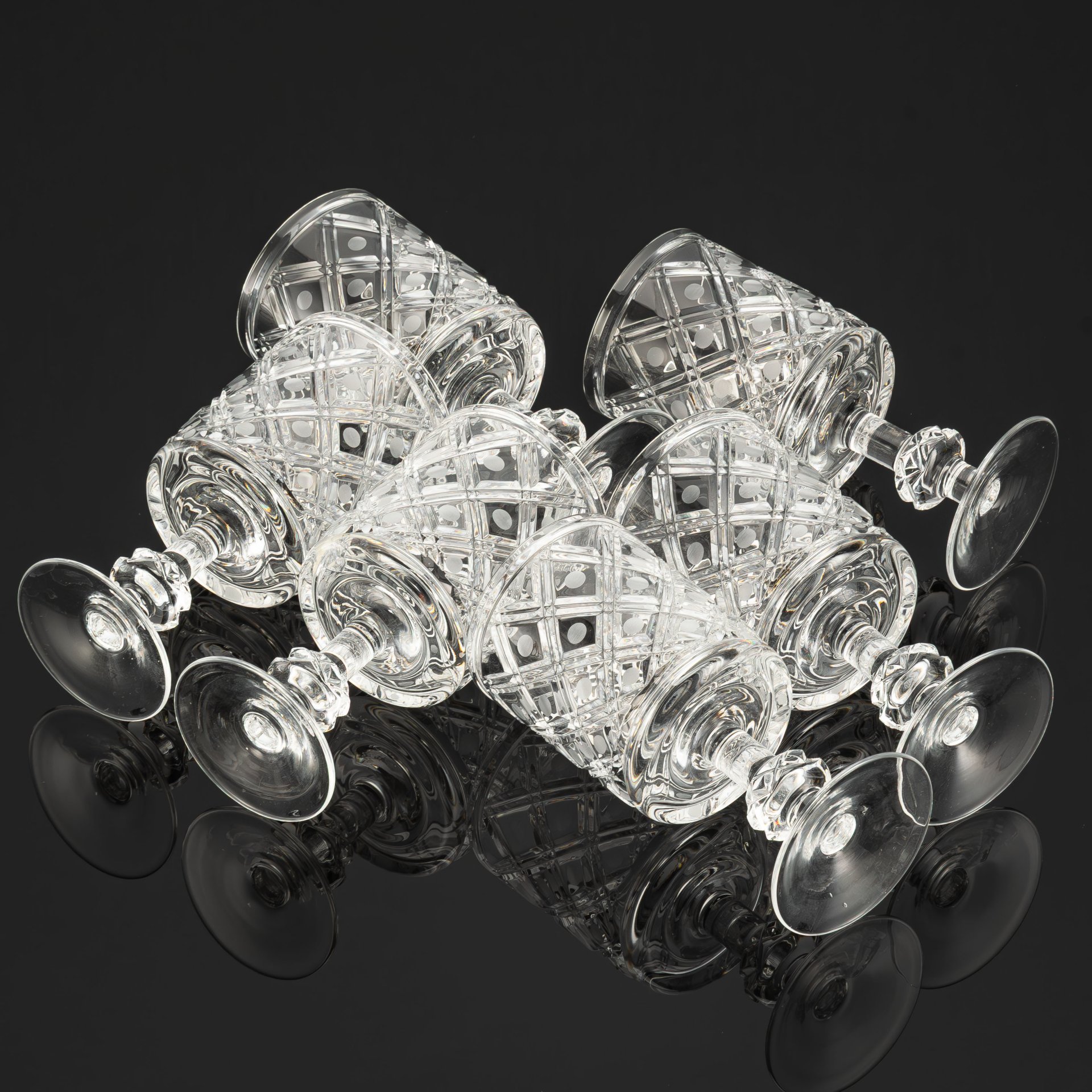 Набор из шести бокалов (фужеров) из сервиза "Новогодний", автор Л.О. Юрген, хрусталь, алмазная грань, Ленинградский завод художественного стекла (ЛЗХС), СССР, 1970-1990 гг.