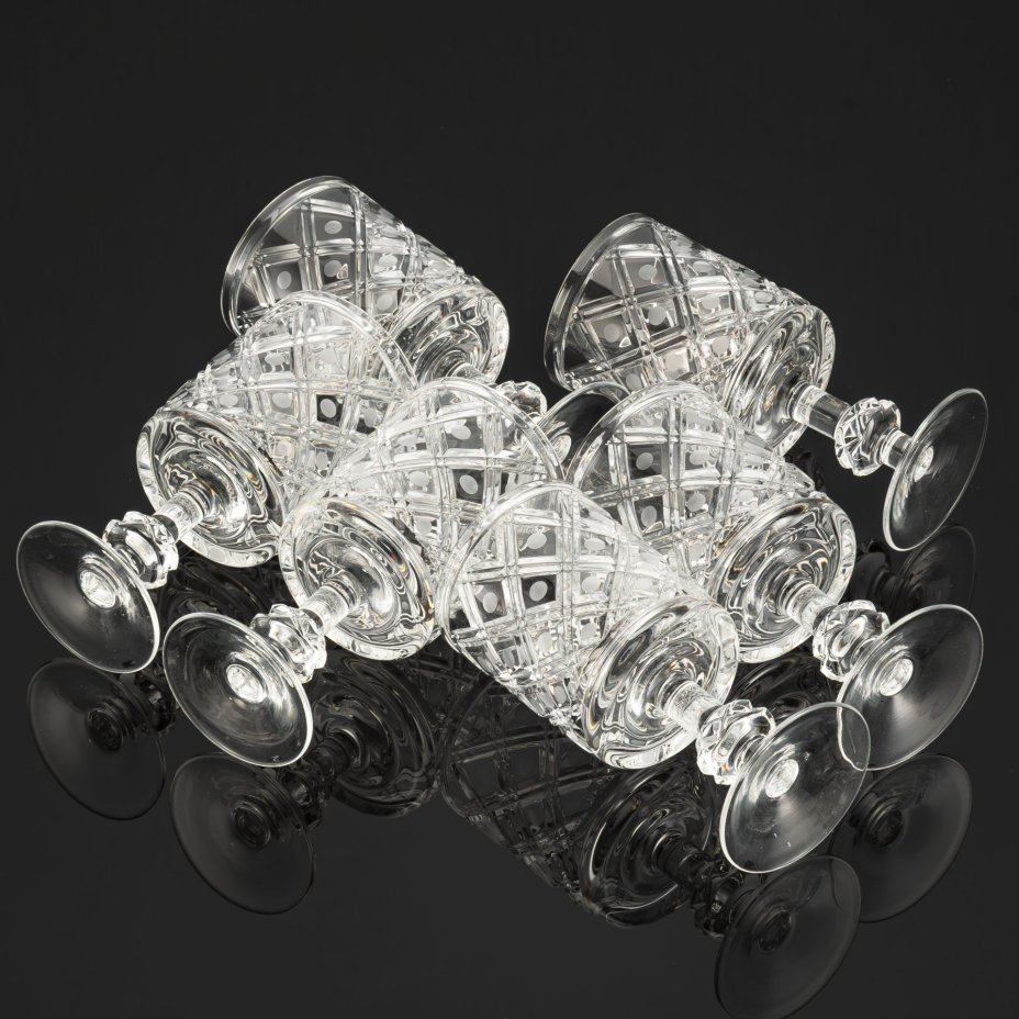 Набор из шести бокалов (фужеров) из сервиза "Новогодний", автор Л.О. Юрген, хрусталь, алмазная грань, Ленинградский завод художественного стекла (ЛЗХС), СССР, 1970-1990 гг.