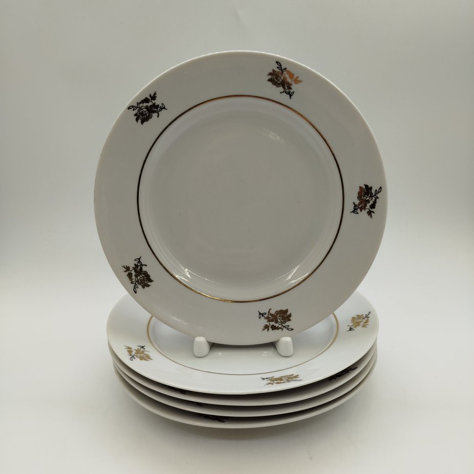 Набор из пяти десертных тарелок с цветочным декором, фарфор, деколь, золочение, Дулевский фарфоровый завод (Дулёво), СССР, 1968-1991 гг.