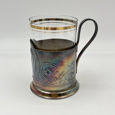 Подстаканник «Спутник» в комплекте со стаканом, мНЦ (медь-никель-цинк), стекло, Мстерский завод художественных изделий «Ювелир», СССР, 1972 г.