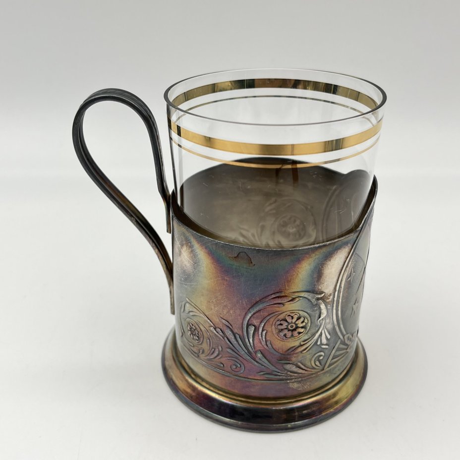 Подстаканник «Спутник» в комплекте со стаканом, мНЦ (медь-никель-цинк), стекло, Мстерский завод художественных изделий «Ювелир», СССР, 1972 г.