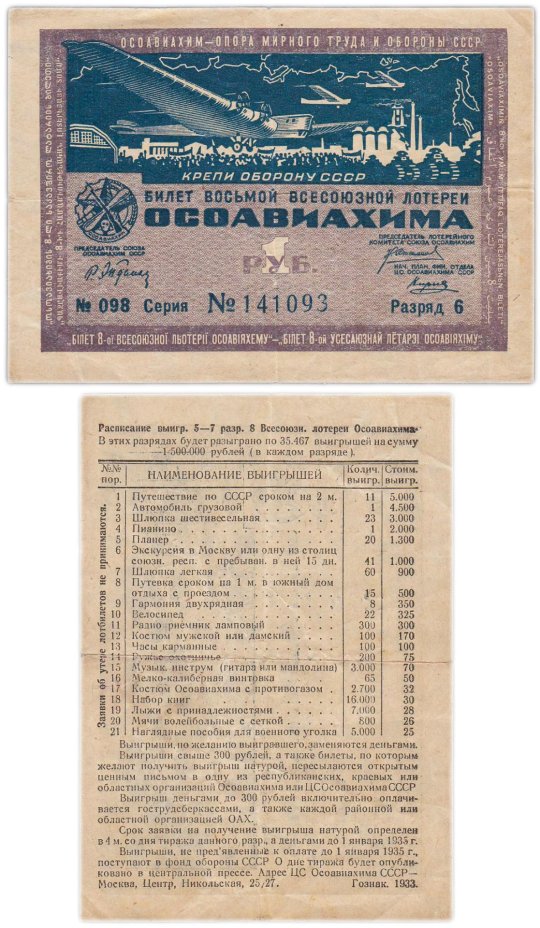 Лотерейный Билет Восьмой Всесоюзной Лотереи ОСОАВИАХИМА 1 рубль 1933 (разряд 6)