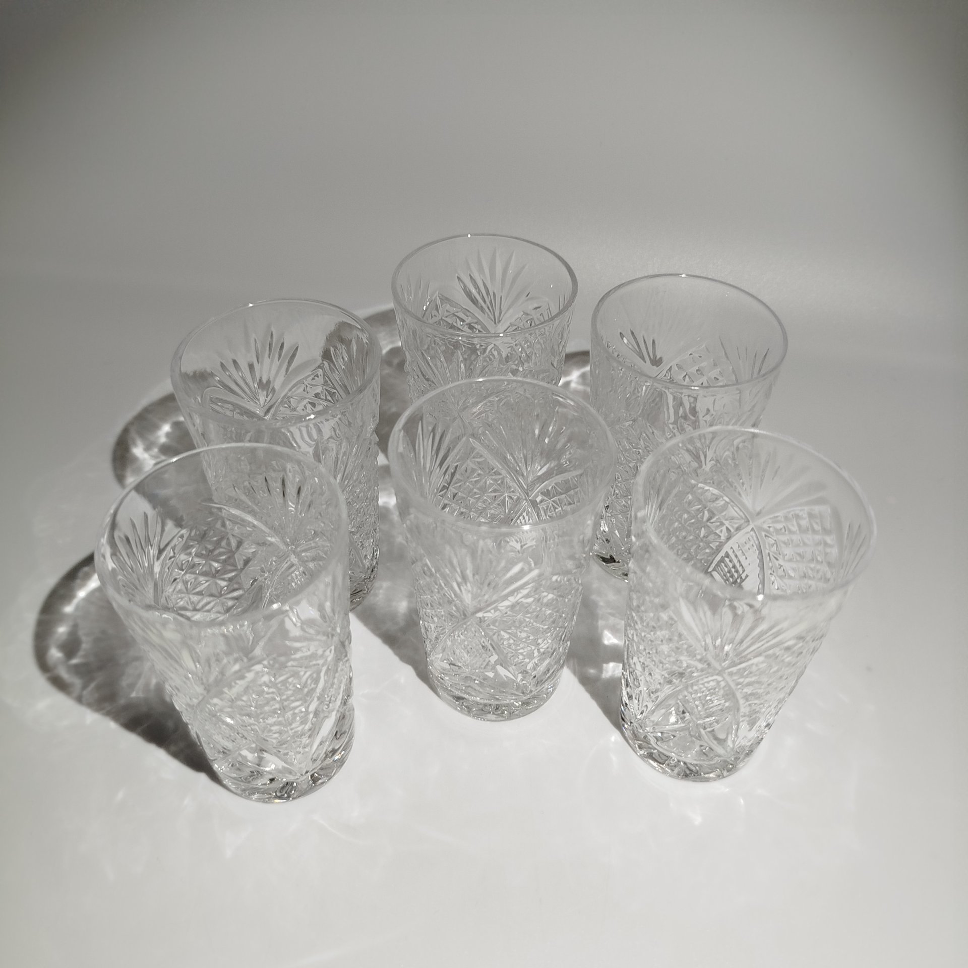 Набор стопок с рельефным декором на 6 персон, хрусталь, алмазная грань, СССР, 1970-1990 гг.