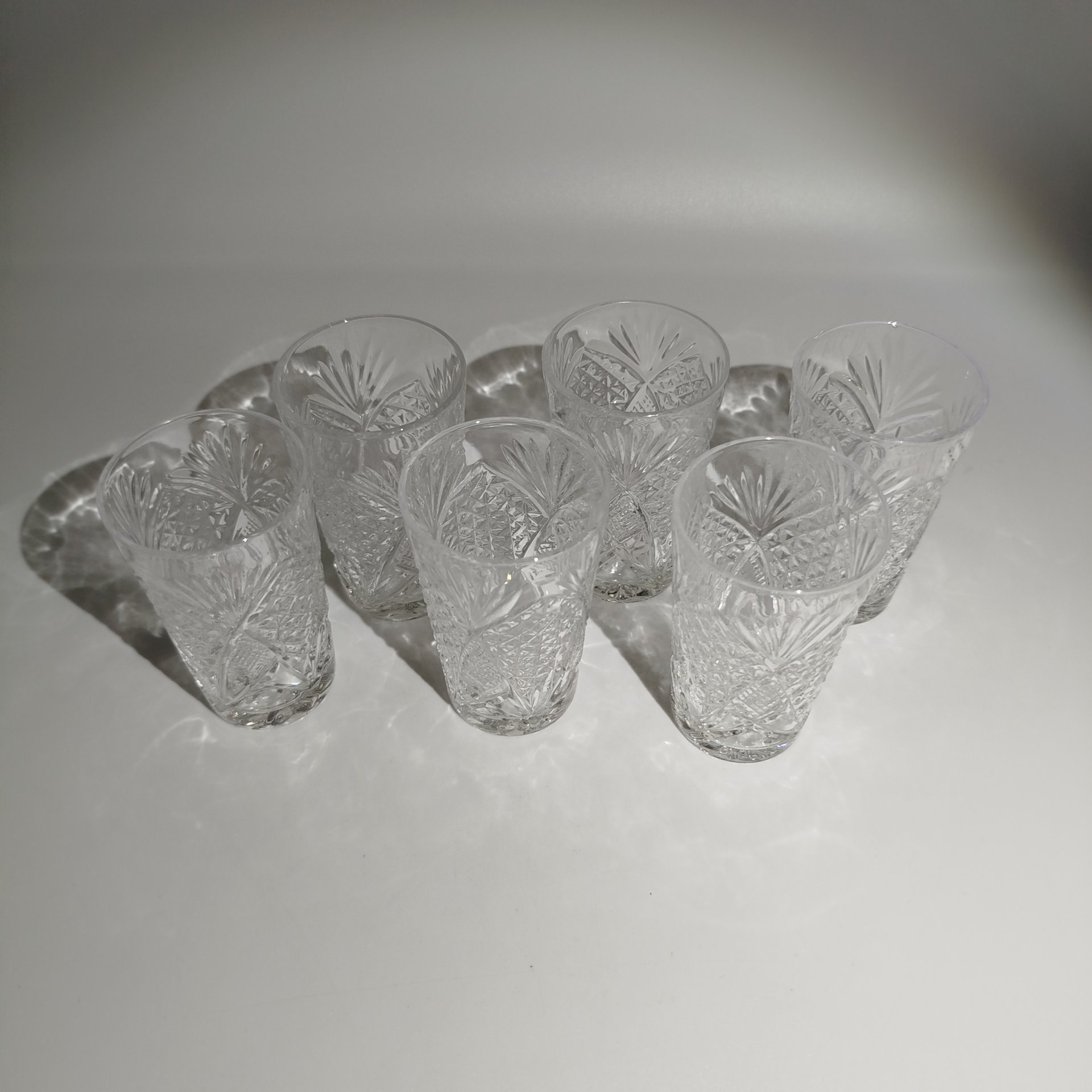 Набор стопок с рельефным декором на 6 персон, хрусталь, алмазная грань, СССР, 1970-1990 гг.
