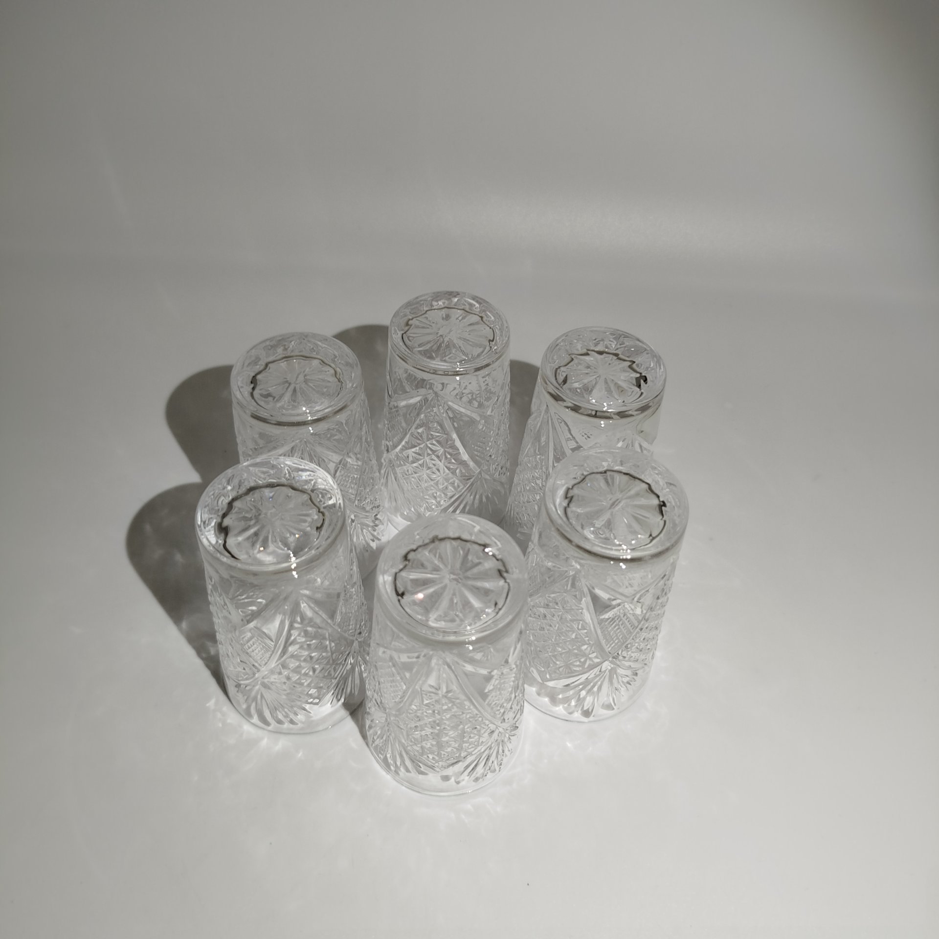 Набор стопок с рельефным декором на 6 персон, хрусталь, алмазная грань, СССР, 1970-1990 гг.