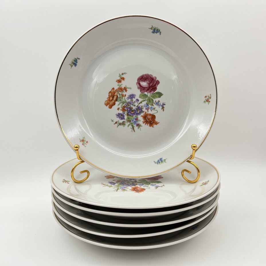 Набор обеденных тарелок "Мейсенский букет" на 6 персон, фарфор, деколь, золочение, Дулевский фарфоровый завод (Дулёво), СССР, 1968 г.
