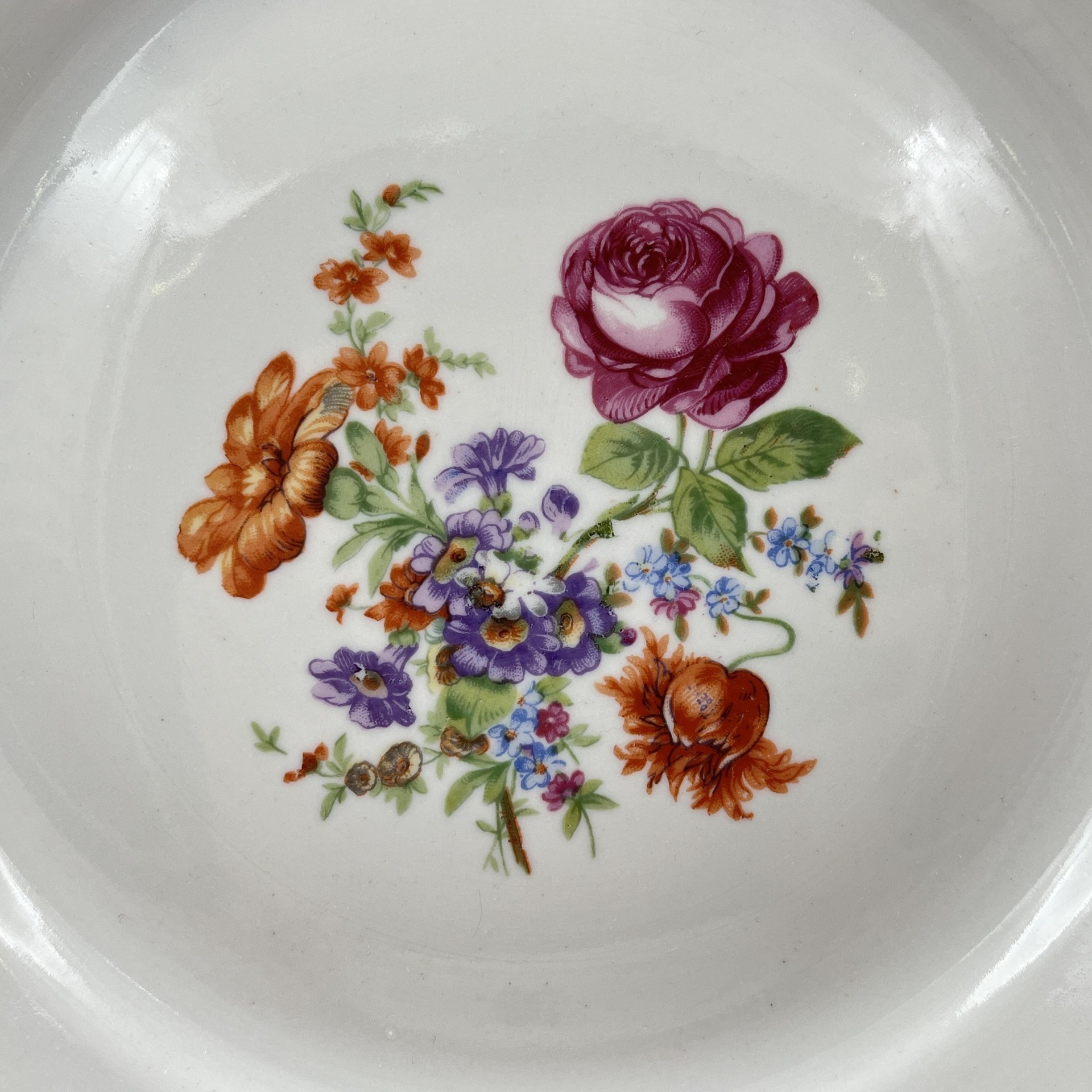 Набор обеденных тарелок "Мейсенский букет" на 6 персон, фарфор, деколь, золочение, Дулевский фарфоровый завод (Дулёво), СССР, 1968 г.