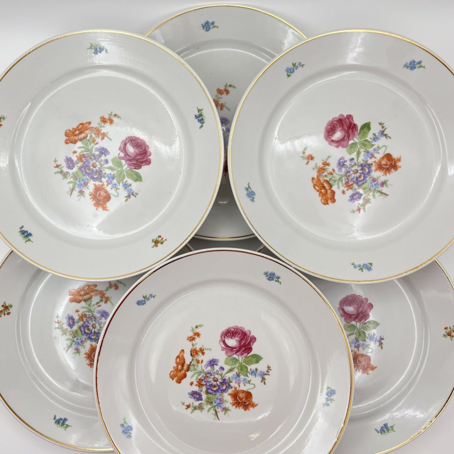 Набор обеденных тарелок "Мейсенский букет" на 6 персон, фарфор, деколь, золочение, Дулевский фарфоровый завод (Дулёво), СССР, 1968 г.
