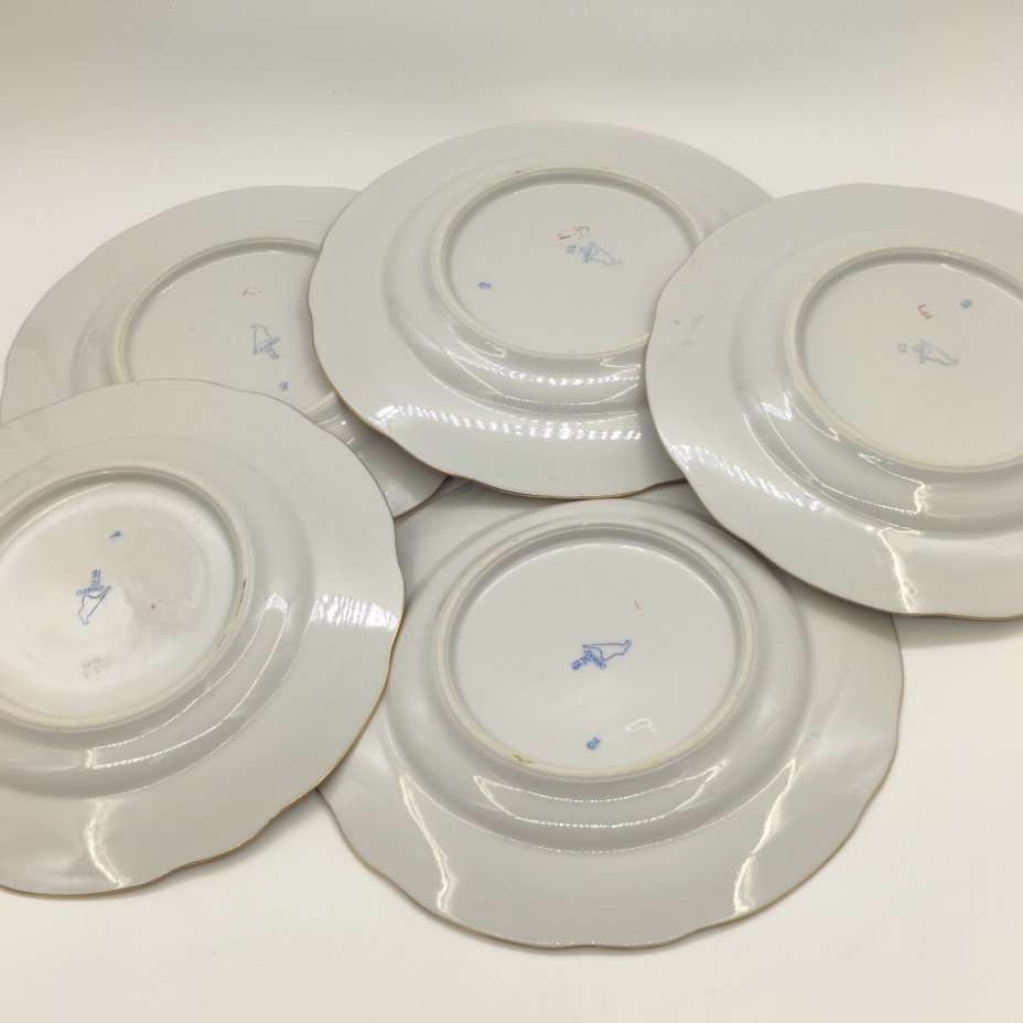 Набор из 5-ти десертных тарелок с цветочным декором, фарфор, деколь, золочение, Дулевский фарфоровый завод (Дулёво), СССР, 1968-1991 гг.