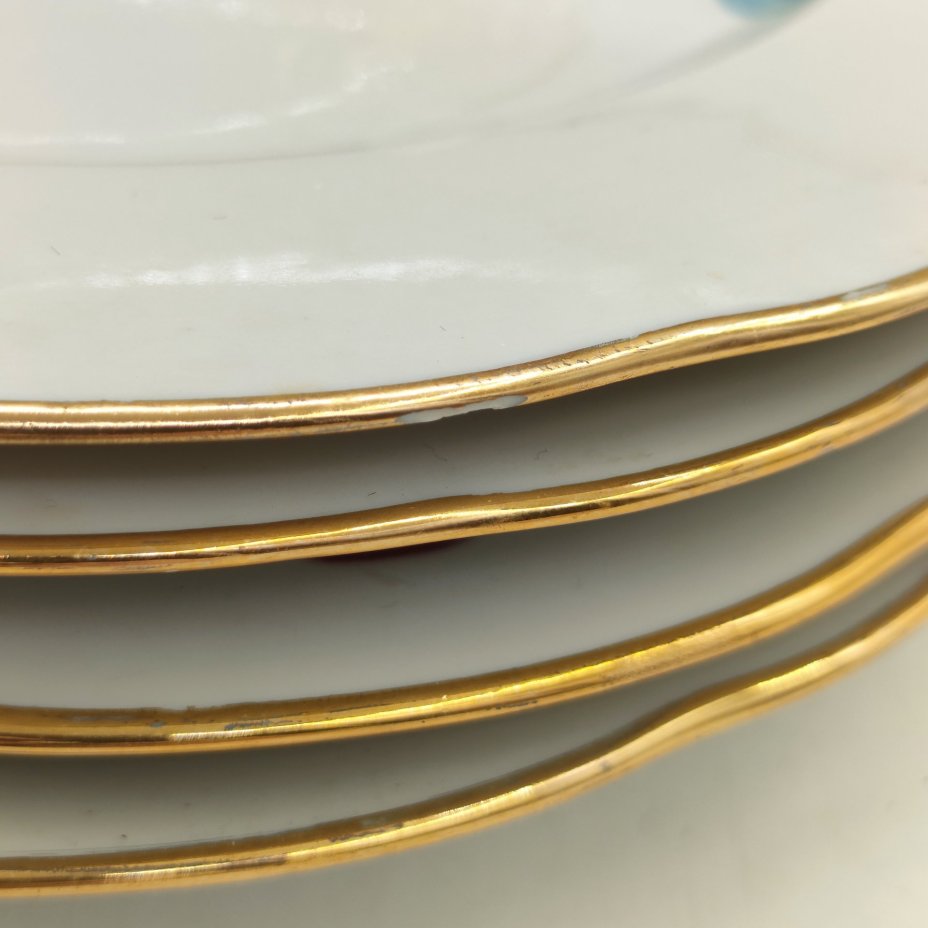 Набор из 5-ти десертных тарелок с цветочным декором, фарфор, деколь, золочение, Дулевский фарфоровый завод (Дулёво), СССР, 1968-1991 гг.