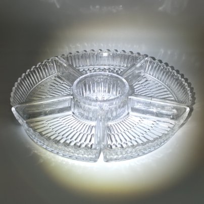 Менажница шестисекционная с рифленой поверхностью, хрусталь, пресс, СССР, 1970-1990 гг.